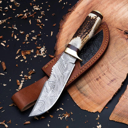 Custom Handmade Knife with Deer Antler Handle |Personalized Engraving & Leather Sheath Included