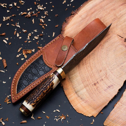 Custom Handmade Knife with Deer Antler Handle |Personalized Engraving & Leather Sheath Included