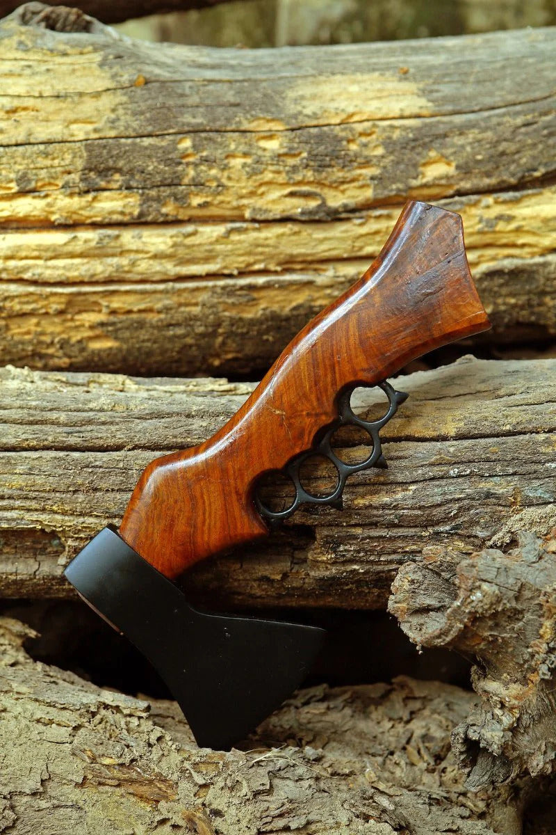 Wooden-handled Knuckle Viking Axe  on a wooden background