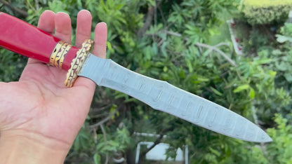 Handcrafted Damascus Steel Athame Dagger with Red Resin Handle | Perfect Wedding or Groomsmen Gift
