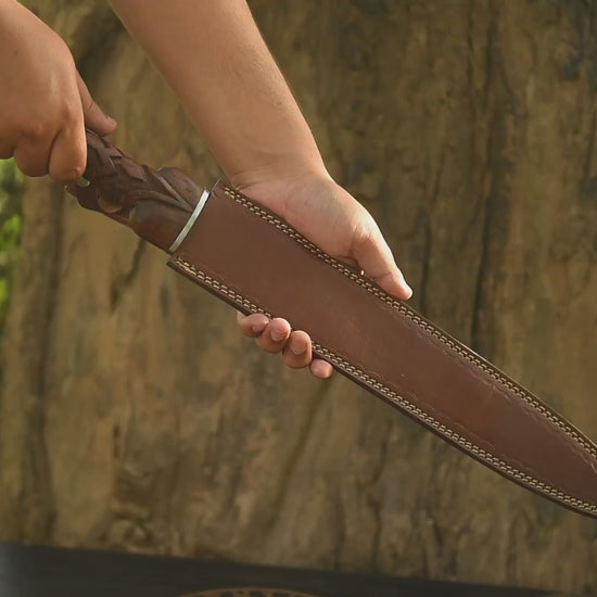 Gift for Him Personalized Ironwood Ranger Seax with carved rosewood handle and brown leather sheath video