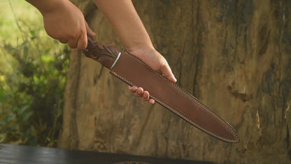 Gift for Him Personalized Ironwood Ranger Seax with carved rosewood handle and brown leather sheath video