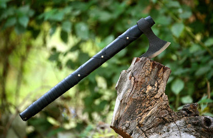 Front view of hand-forged Ragnar Lothbrok Viking Axe placed on wooden surface