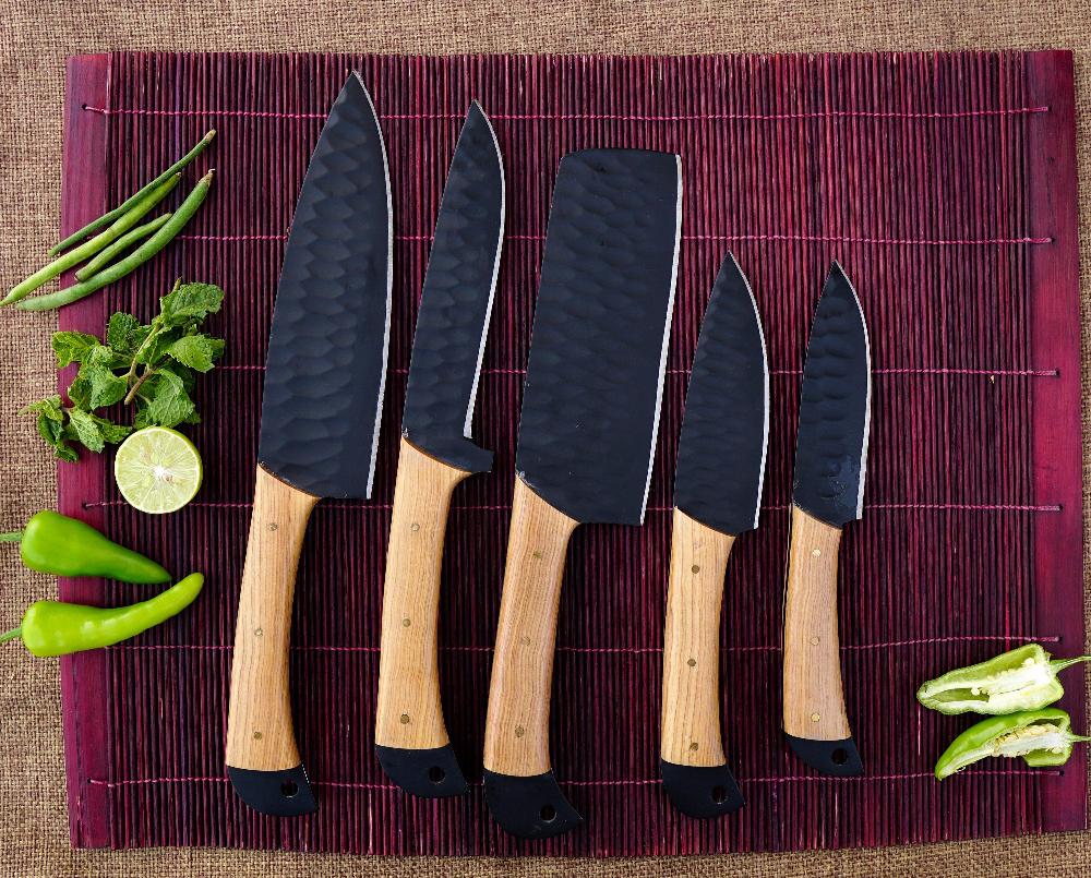 5 piece midnight chef knife set with leather sheath available at vikings mastery