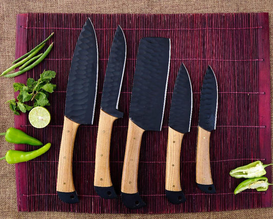 5 piece midnight chef knife set with leather sheath available at vikings mastery