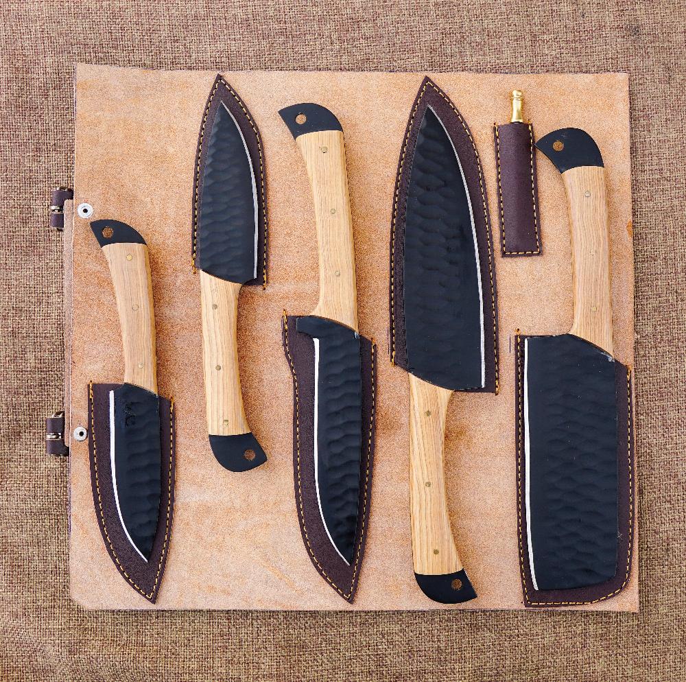 5 piece midnight chef knife set for sale with leather sheath. wenge wood handle