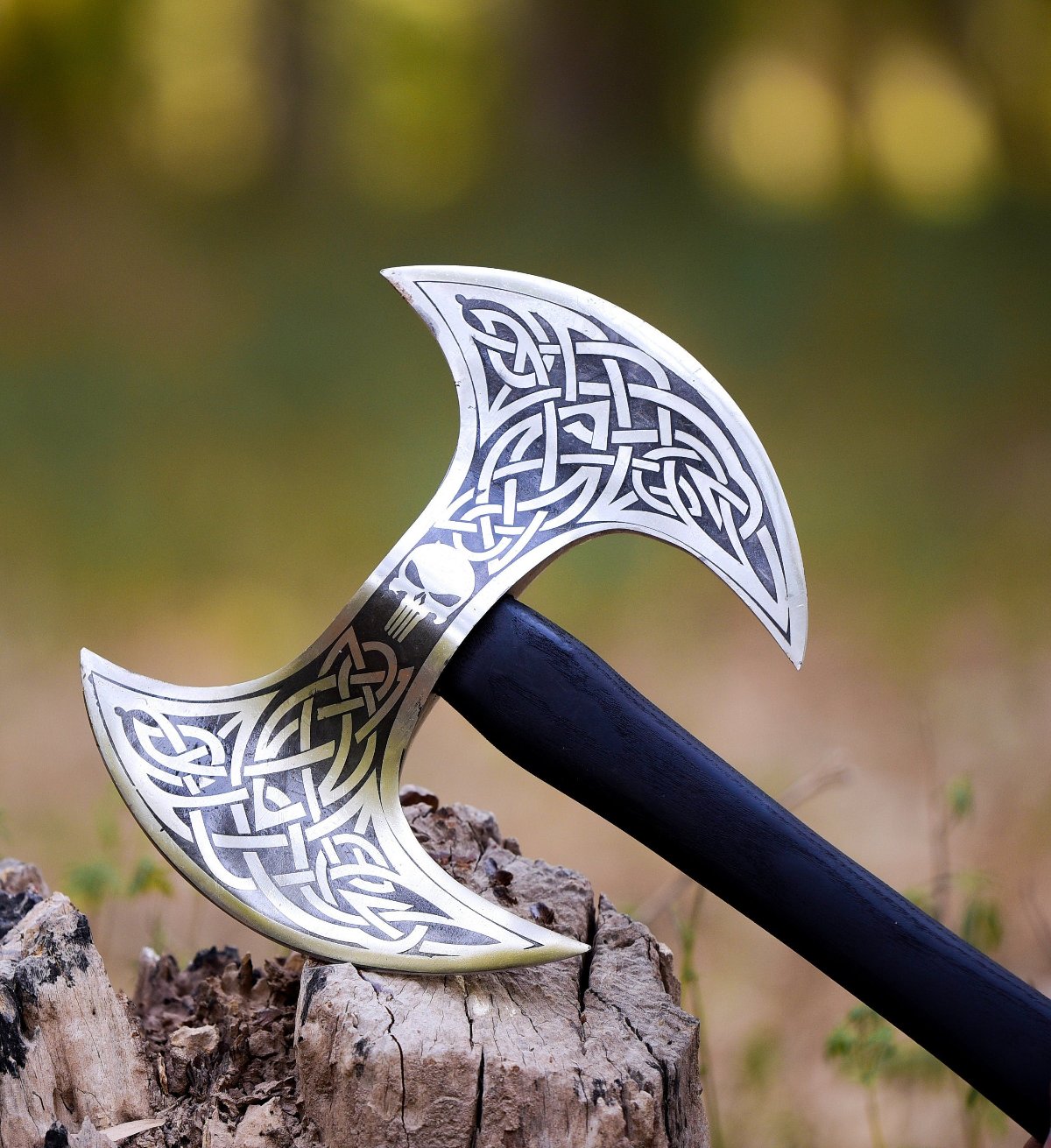 hand forged double headed viking axe for sale with leather sheath