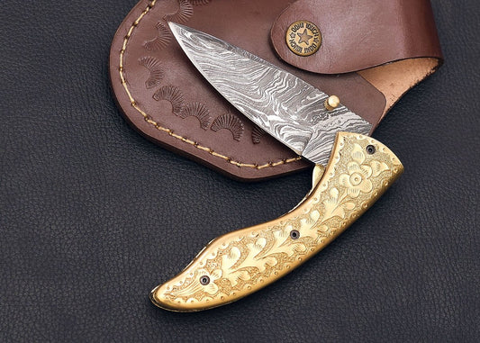 7.5" Copper Engraved  Handmade Pocket knife for sale
