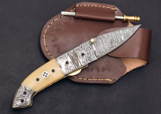 buy cow bone handle folding knife with leather sheath and shrapner