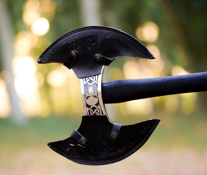 shop double headed viking axe with black leather sheath. custom engravings available