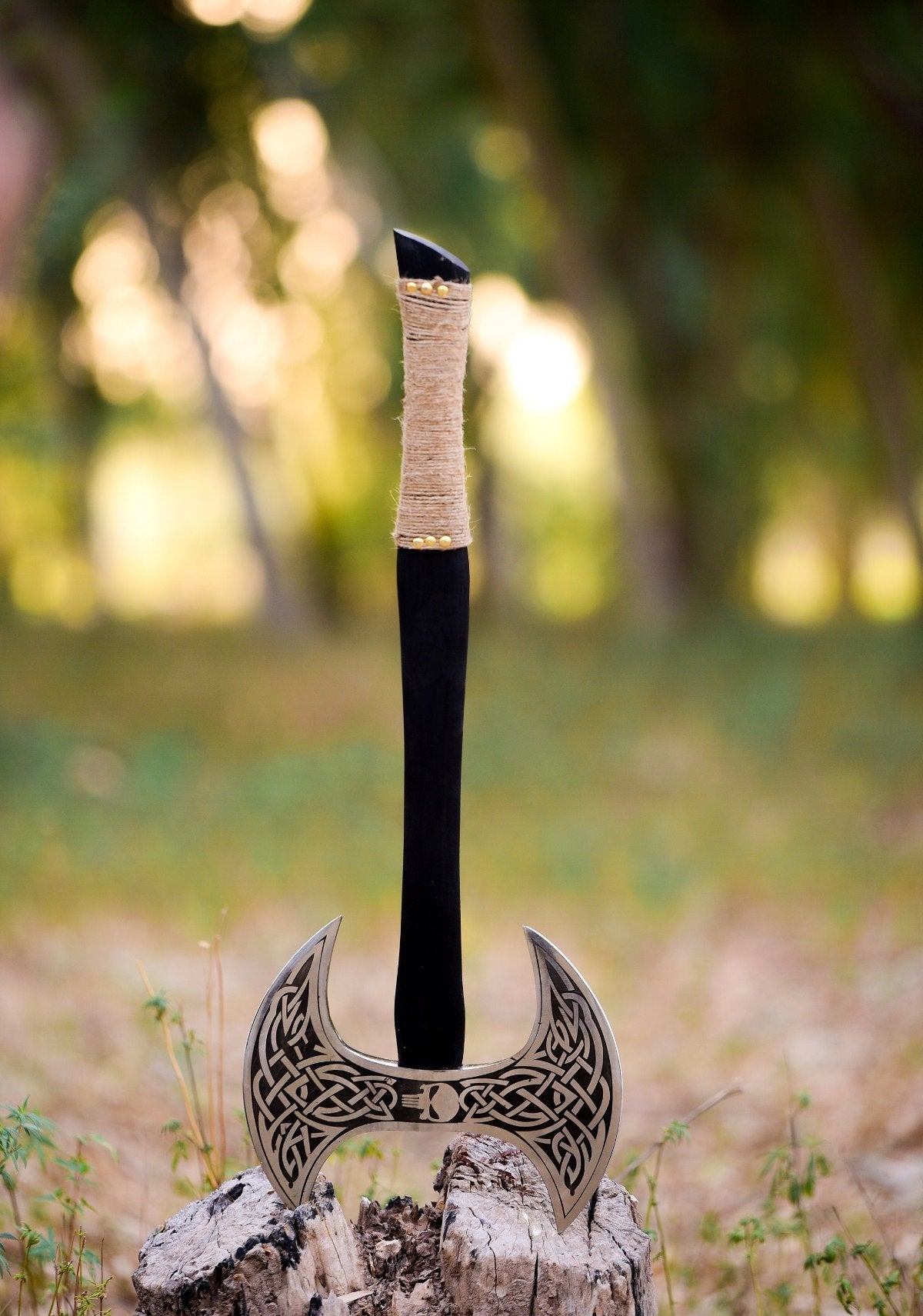 shop the double headed viking axe with leather sheath
