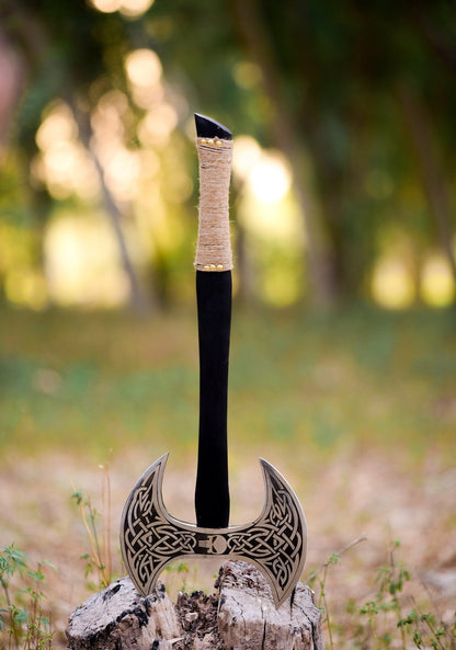 shop the double headed viking axe with leather sheath