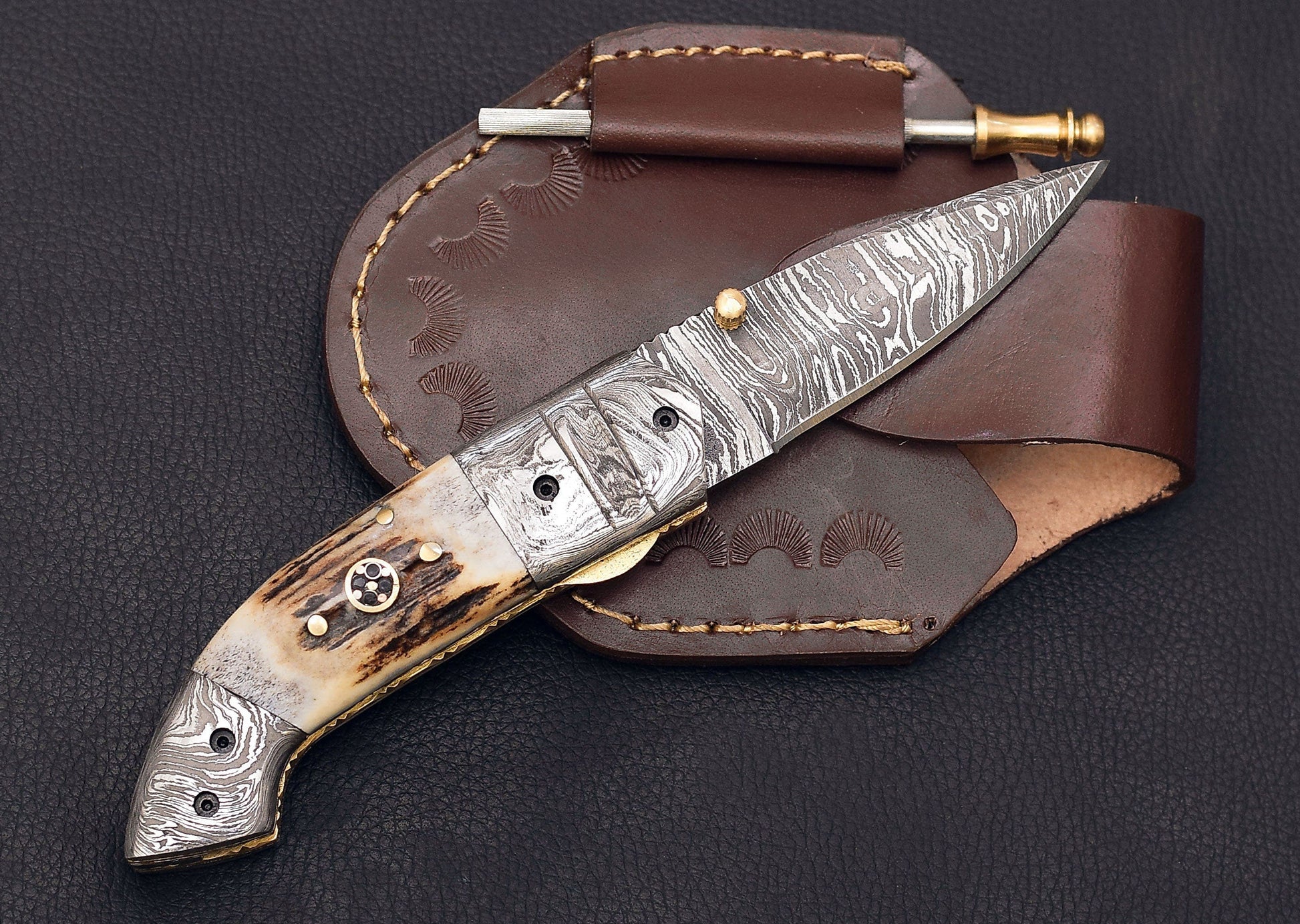 7.5" Hand Forged Damascus Steel folding knife with deer stag handle