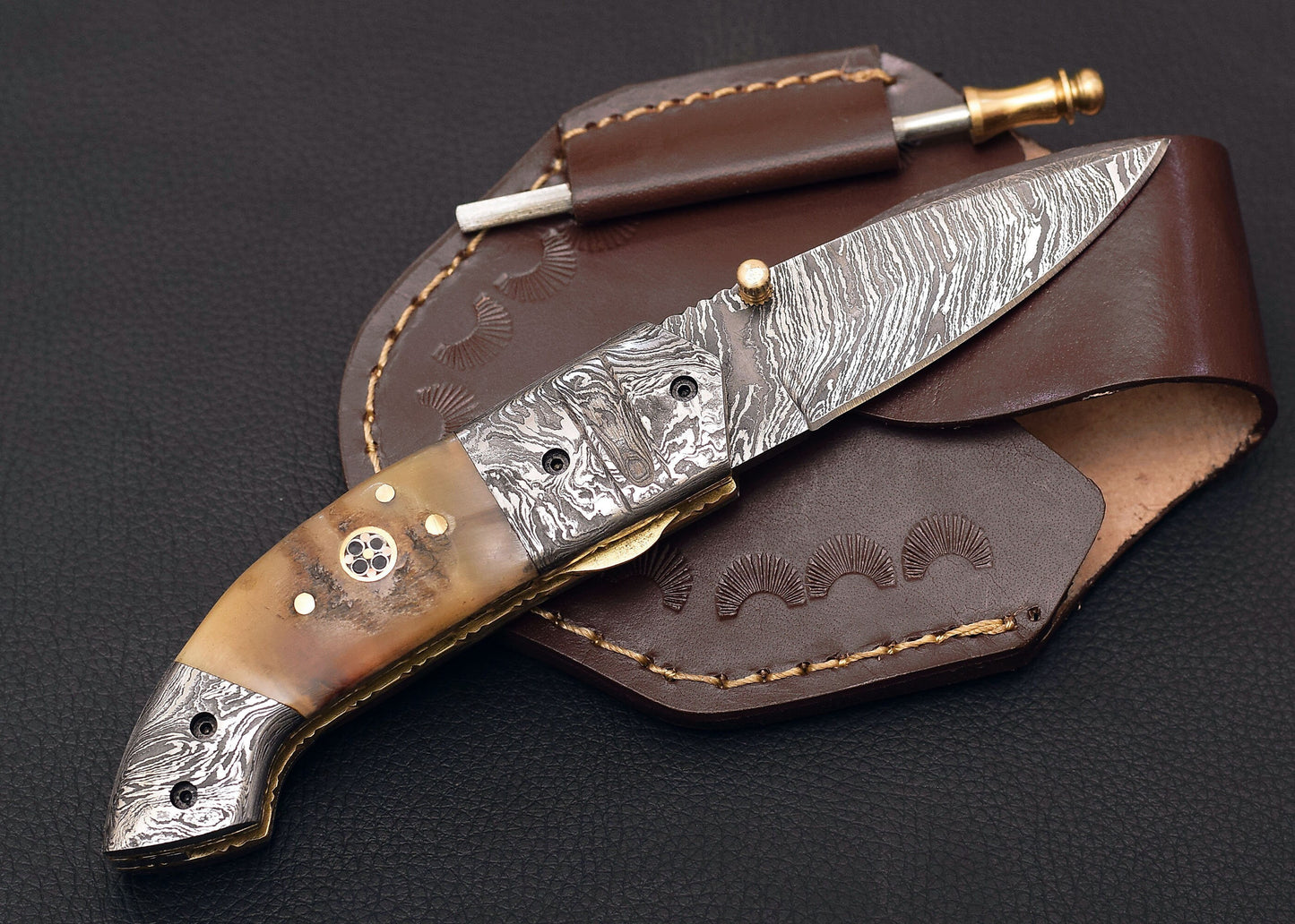 Damascus Steel Folding knife with Ram Handle
