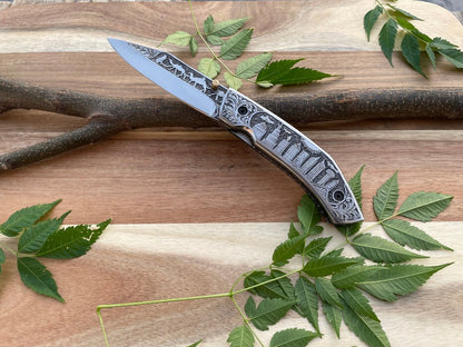 buy silver hunt pocket knife. hand engraved
